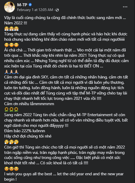 Sơn Tùng đăng tải bức tâm thư dài chào năm mới Nhâm Dần 