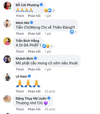 NS Cát Phượng, NSƯT Minh Nhí, diễn viên Bích Hằng, ca sĩ Khánh Bình, diễn viên Lê Nam và NSƯT Mỹ Uyên gửi lời chia buồn đến nghệ sĩ Hoàng Lan