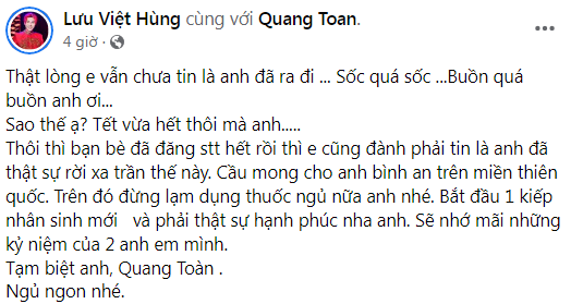 Nhiều sao Việt đau buồn trước thông tin ca sĩ Quang Toàn ra đi vì đột quỵ Ảnh 4