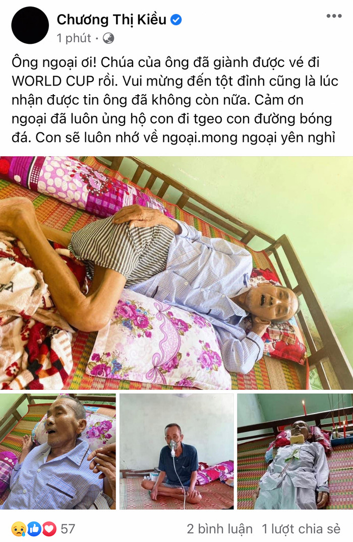 Trung vệ Chương Thị Kiều đã bày tỏ nỗi buồn vì ngoại qua đời vào hôm nay (6/2). Ảnh chụp màn hình