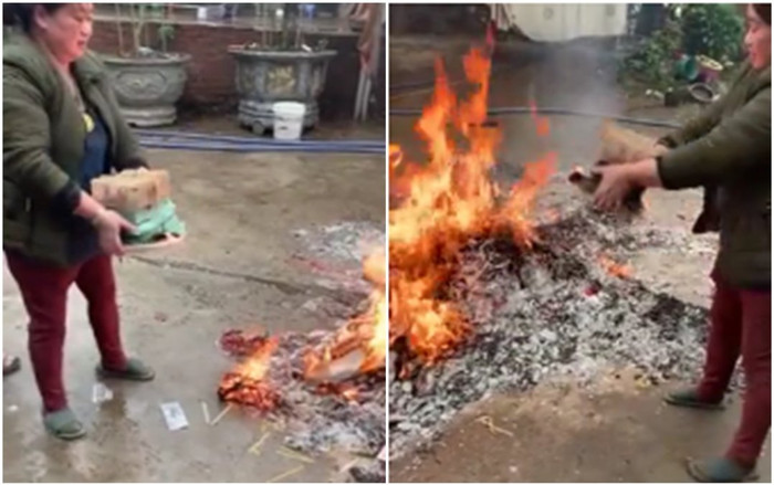 Người phụ nữ cầm khay tiền mặt trị giá tỷ đồng hơ trên đống lửa ở lễ hóa vàng khiến nhiều người thót tim Ảnh 2