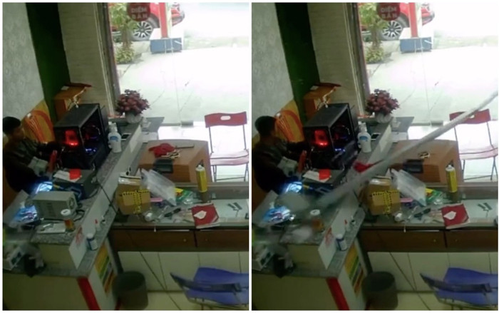 Thanh sắt lao như tên bắn vào cửa hàng, xé vỡ tan cửa kính nhưng netizen vẫn suýt xoa: 'May mắn' Ảnh 2