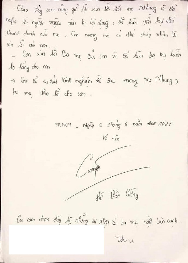 Nội dung là lời xin lỗi của Hồ Văn Cường gửi đến Phi Nhung.