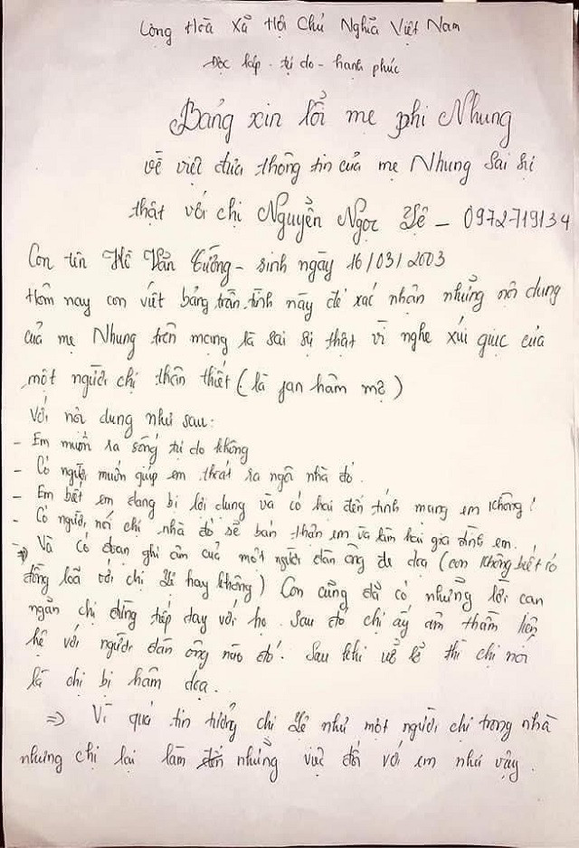 Xôn xao bức thư tay Hồ Văn Cường gửi xin lỗi cố ca sĩ Phi Nhung và hé lộ về cuộc sống ở nhà mẹ nuôi Ảnh 2