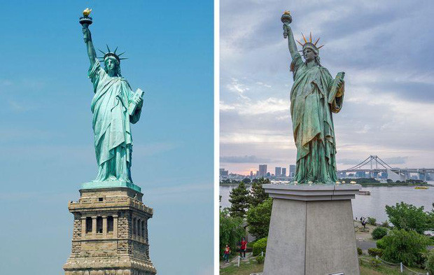 Bên trái là Tượng Nữ thần Tự do hàng thật và bên phải là hàng 'pha ke'.