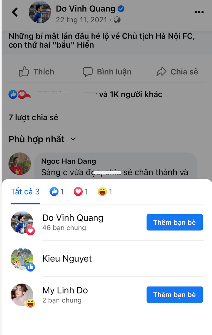  Đỗ Mỹ Linh từng tương tác trên cá nhân của Đỗ Vinh Quang - Em trai của Đỗ Quang Vinh.