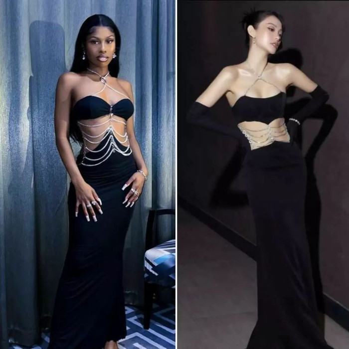 Từ màu sắc, những điểm trang trí khoe hình thể của 2 mẫu váy đều trùng hợp đến 90 %.