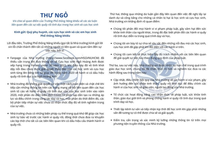 Thư ngỏ của Trường Phổ thông Năng khiếu ĐHQG TP.HCM về vụ việc của cựu học sinh Ngô Hoàng Anh