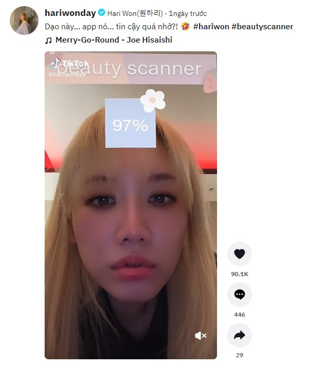 Hari Won thử app chấm điểm nhan sắc, clip của cô nhận được lượng tương tác lớn.
