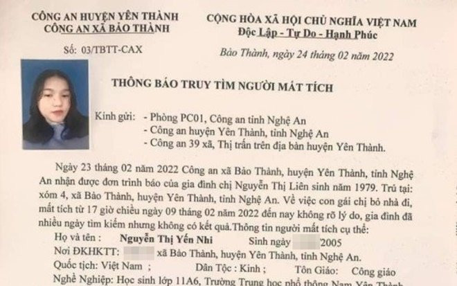 Nữ sinh lớp 11 ở Nghệ An mất tích sau khi bỏ nhà đi Ảnh 2