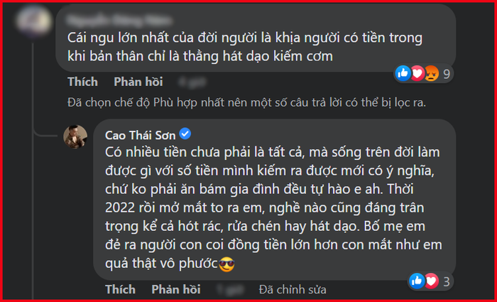 Nhận được dòng bình luận công kích từ netizen, Cao Thái Sơn chẳng ngần ngại đáp trả&nbsp;
