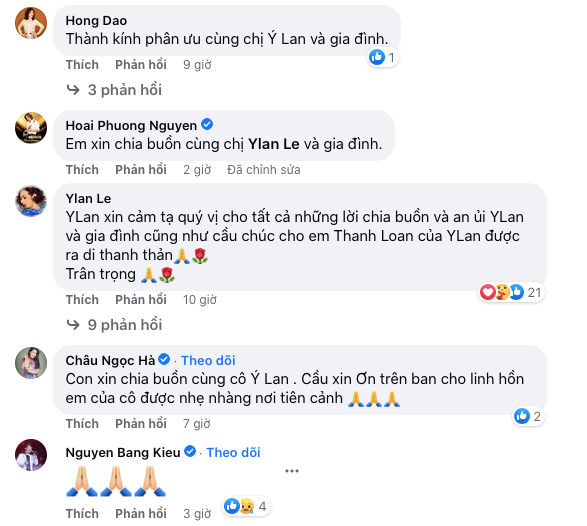 Nhiều sao Việt để lại lời chia buồn sâu sắc đến ca sĩ Ý Lan và gia đình.