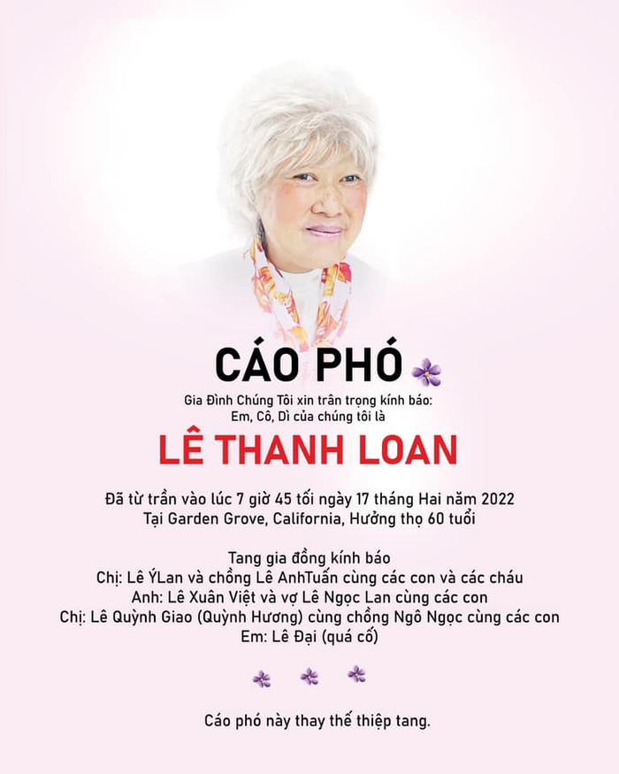 Cáo phó của em gái nữ danh ca Ý Lan.