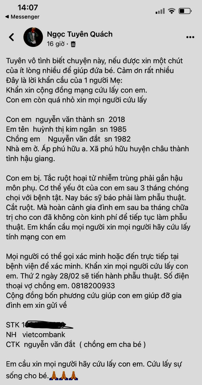 Bài đăng kêu gọi từ thiện trước đó của nam ca sĩ.