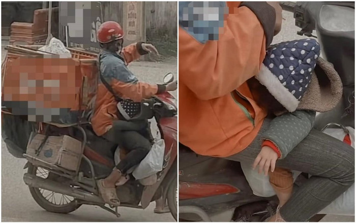 Cùng mẹ rong ruổi khắp nẻo đường giao hàng, em bé thấm mệt ngủ gục trên gác ba ga xe máy gây xúc động Ảnh 2