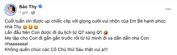 Bài đăng của Bảo Thy về việc đưa con đi du lịch dịp cuối tuần. 