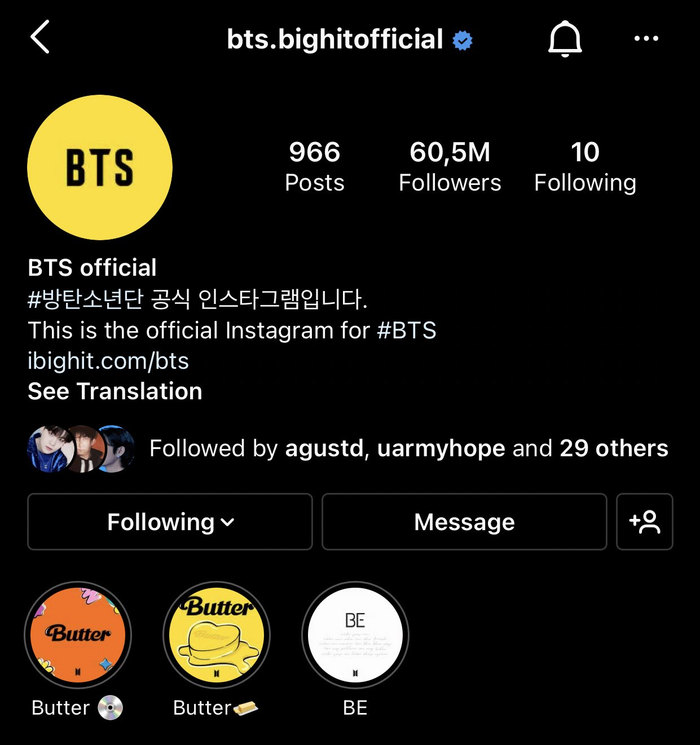 Tài khoản Instagram của BTS hiện tại.
