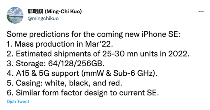 Ming-Chi Kuo dự đoán cấu hình của iPhone SE 3.