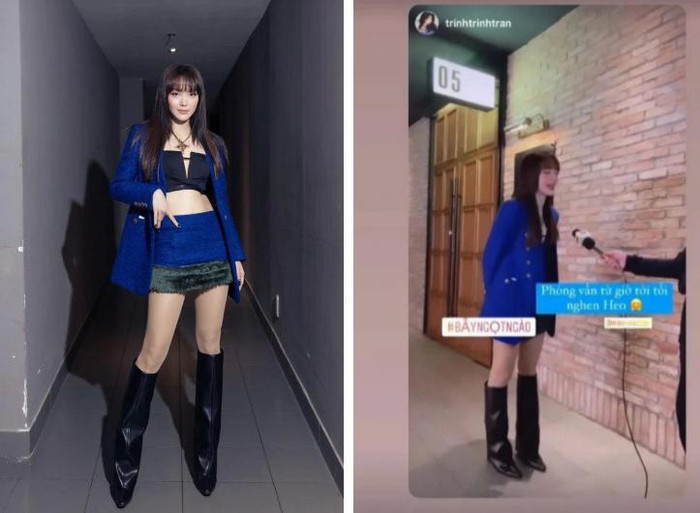 Nhìn ảnh bên trái và bên phải của Minh Hằng mà như hai thái cực khác biệt. Một bên chân dài bất tận, bên còn lại thấp bé thấy rõ. 