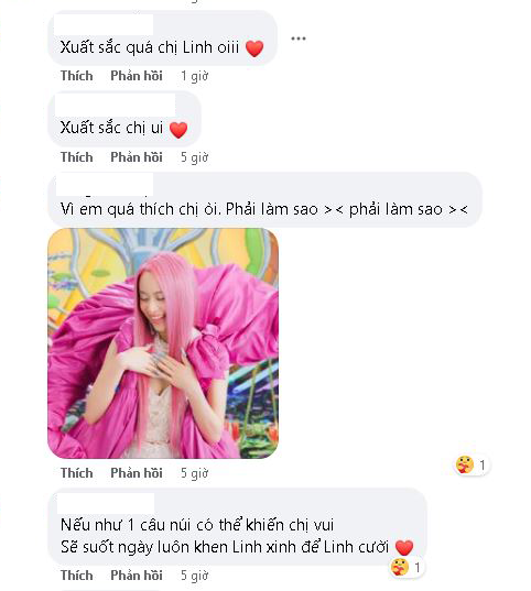 Ở dưới phần bình luận, người hâm mộ đều khen ngợi nữ ca sĩ: 'Xuất sắc quá chị Linh ơi' và trêu đùa cô nàng 'Vì em quá thích chị rồi, phải làm sao'