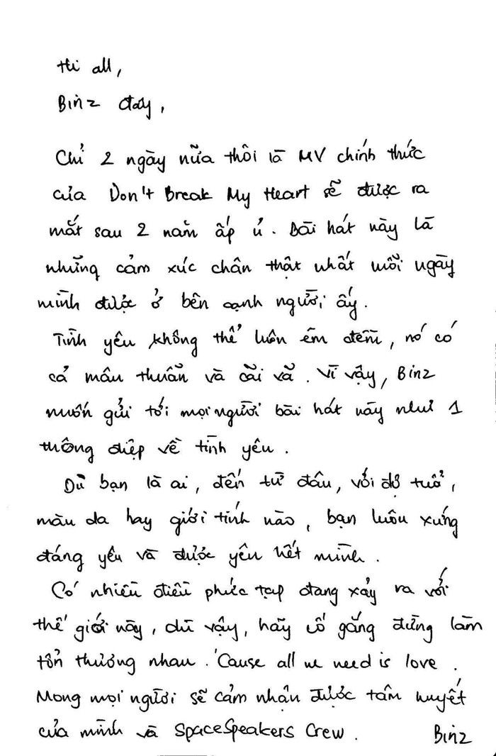 Bức thư tay do chính Binz viết.