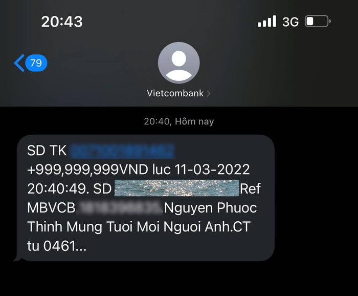 Quản lý Noo Phước Thịnh xúc động viết kèm ảnh chụp tin nhắn báo nhận tiền.