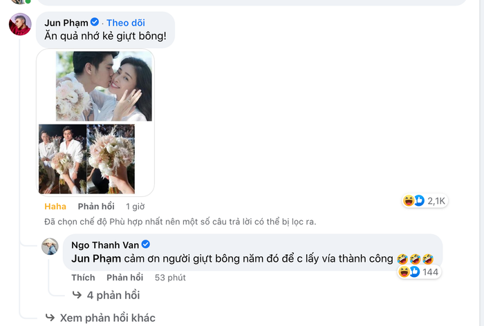 Ngô Thanh Vân thông báo kết hôn, Jun Phạm nhắn nhủ: 'Ăn quả nhớ kẻ giật bông'.