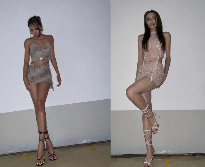 Phong cách sexygirl đụng nhau chưa thoải, hai nàng mẫu còn rủ nhau mua giày cùng kiểu khác màu.