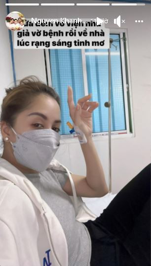 May mắn là tình trạng sức khỏe của cô đã có chuyển biến tốt, Khánh Thi chia sẻ: 'Nửa đêm vào viện giả vờ bệnh rồi về nhà lúc rạng sáng tinh mơ'