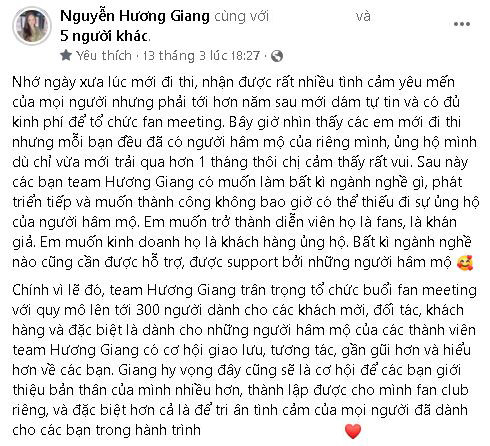Bài đăng của Hương Giang về fanmeeting trên trang cá nhân