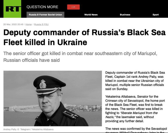 Đài RT đưa tin Phó tư lệnh Hạm đội Biển Đen tử trận ở Ukraine.
