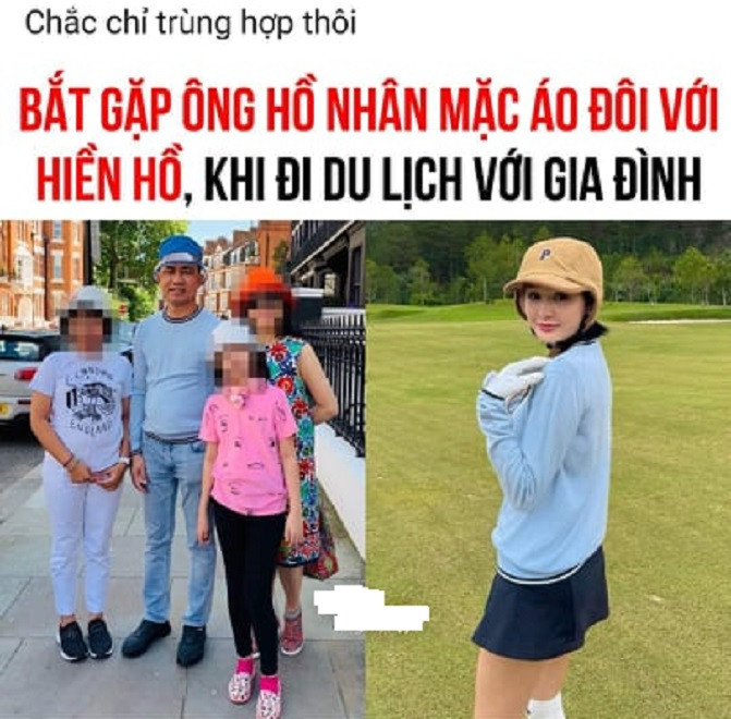 Ông Hồ Nhân mặc chiếc áo đi du lịch cùng vợ con giống với chiếc áo mà ca sĩ Hiền Hồ mặc ở sân gofl