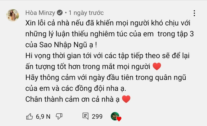 Lời xin lỗi của Hòa Minzy dưới bài đăng Youtube tập 3 Sao Nhập Ngũ.