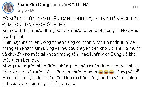 Bài đăng cảnh báo về việc có đối tượng mạo danh nữ CEO đi vay tiền cho Đỗ Thị Hà được bà Kim Dung đăng lên trang cá nhân