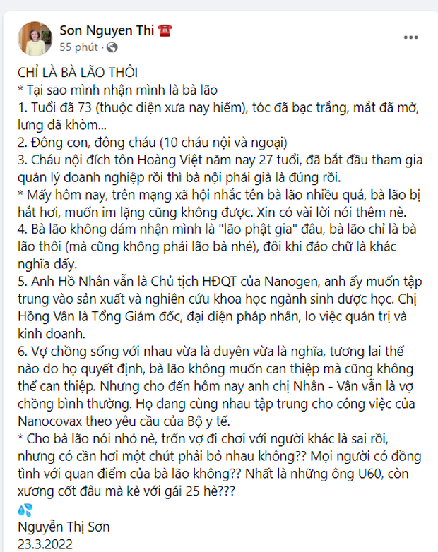 Đây là lần thứ 2 bà Sơn có bài viết lên tiếng về những lùm xùm xung quanh con rể.