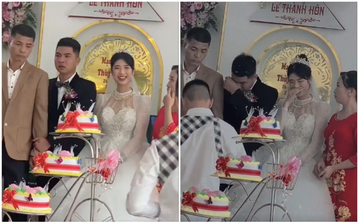 Chú rể nắm chặt tay bố lau nước mắt bên cạnh cô dâu cười tươi, biểu cảm của người bố càng gây chú ý Ảnh 2