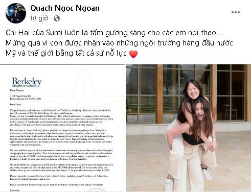 Quách Ngọc Ngoan đã hết lời khen ngợi con gái riêng của Phượng Chanel trên trang cá nhân