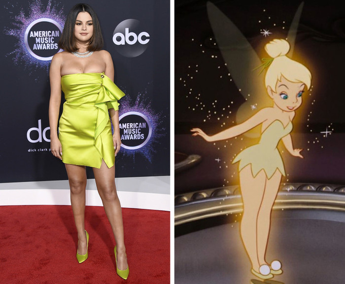 Selena Gomez trông giống Tinker Bell trong Peter Pan khi mặc váy quây màu xanh lá cây.