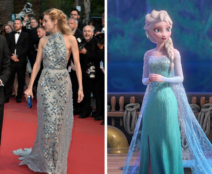 Váy của Diane Kruger trông giống như chiếc áo choàng mà Elsa mặc trong Frozen.