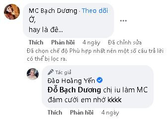 Ở dưới phần bình luận, cô còn mời MC Bạch Dương làm MC đám cưới đã khiến tin đồn nữ diễn viên chuẩn bị kết hôn được lan truyền với tốc độ chóng mặt