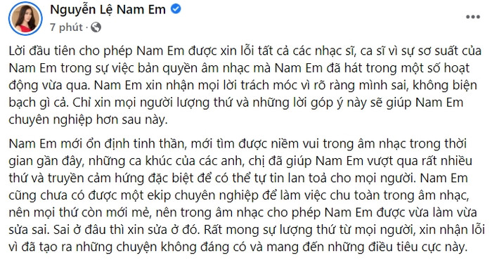 Bài xin lỗi trên trang cá nhân của Nam Em.