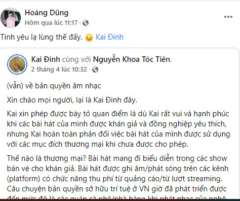 Bài đăng trên trang cá nhân của Hoàng Dũng.