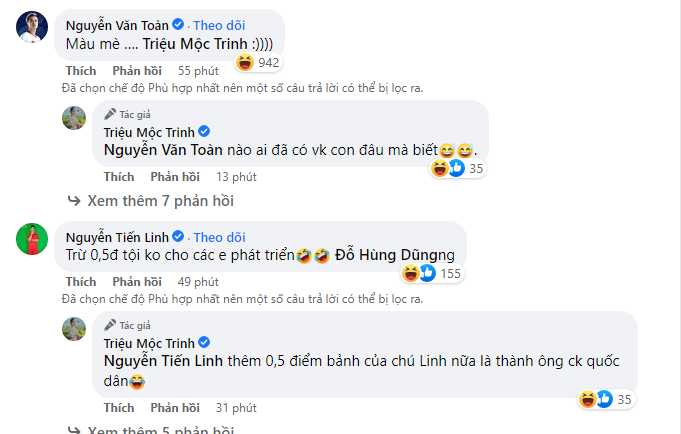 Các cầu thủ để lại những bình luận hài hước bên dưới bài chia sẻ của Triệu Mộc Trinh