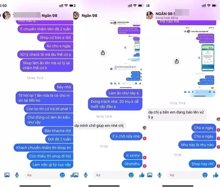 Khách hàng này đã nhắn tin cho cửa hàng ngân 98 để xin được hoàn tiền nhưng không nhận được phản hồi gì.