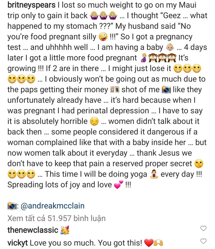 Dòng trạng thái chia sẻ trên Instagram tin vui của nữ ca sĩ.