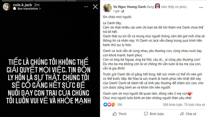 Bài đăng xác nhận thông tin ly hôn của Hoàng Oanh và chồng Tây.