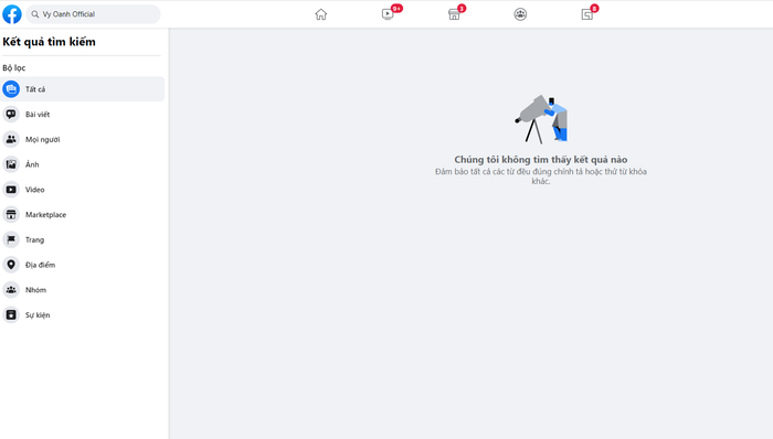 Người dùng không tìm kiếm được Fanpage Vy Oanh Offficial