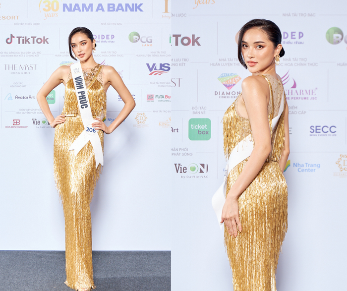 Sau loạt ảnh glamshot, Phạm Diệu Linh được cõi mạng khen nức nở vì mặt 'quá sang' nhưng với tóc - makeup và bộ đầm 'kín cổng' hôm nay có lẽ đã làm Diệu Linh 'hơi chìm' so với các thí sinh khác.