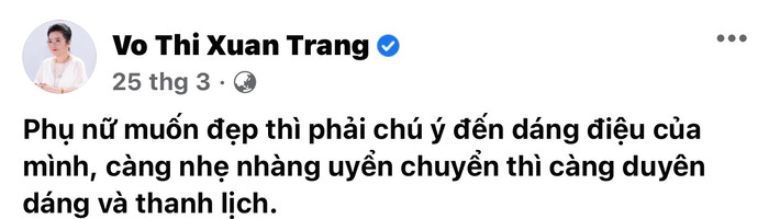 Có thể thấy, sự thanh lịch ám ảnh cô Xuân Trang đến nổi những status của cô luôn nhắc đến 2 chữ này. 