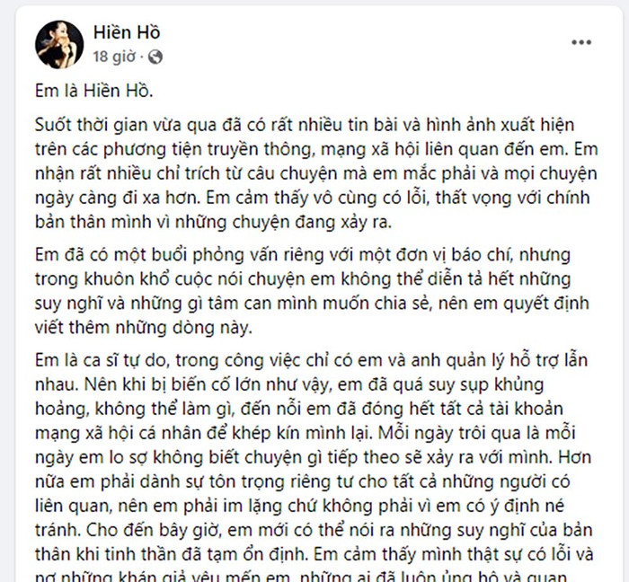 Bài đăng của Hiền Hồ trên trang cá nhân.